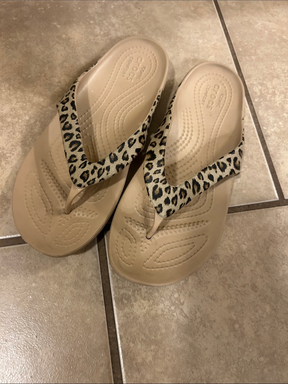 CROCS Beige Sandal Flip-Flops with Leopard-Print Straps